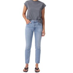 AGOLDE Willow Mid Rise Slim Crop Medium Blue Denim Jean Distressed Hem Size 26